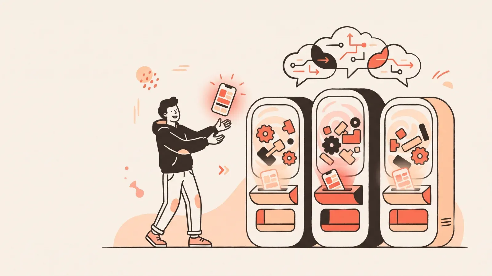 Illustration of a person catching a small finished app dispensed by a row of friendly vending-machine-like AI app builders
