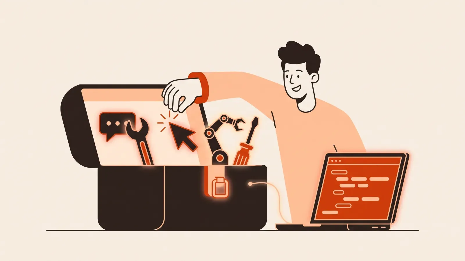 Illustration of a beginner picking a glowing digital tool from an open toolbox next to a laptop