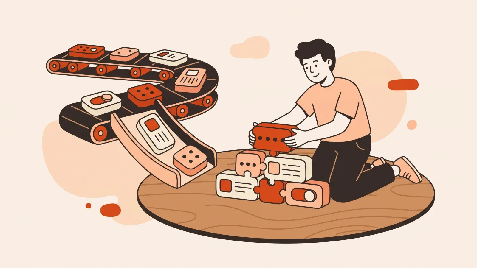 Illustration of a person assembling an app by hand from large rounded interface blocks delivered by a conveyor belt