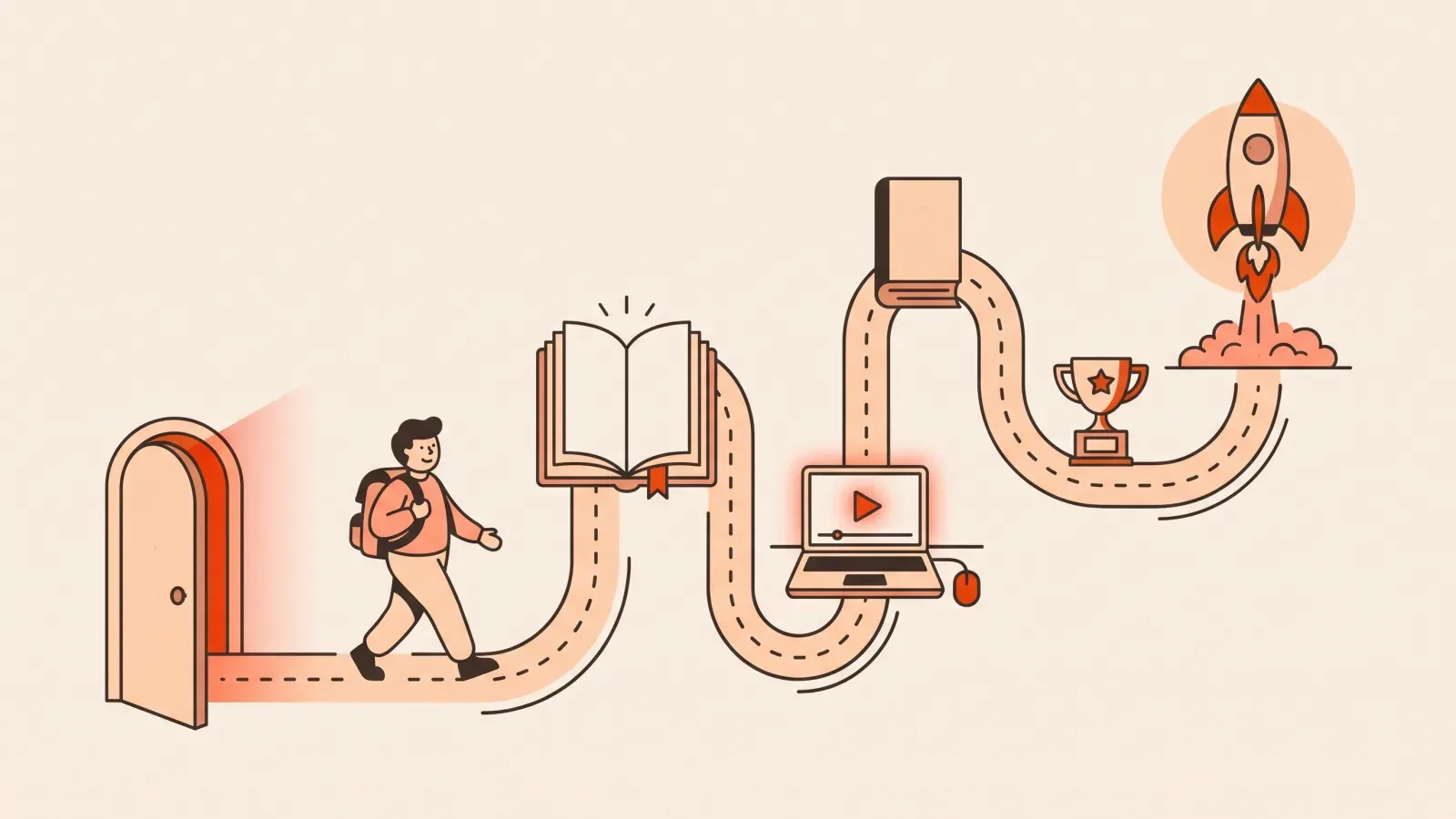 Illustration of a learner with a backpack walking a winding path from an open door past learning milestones toward a launching rocket