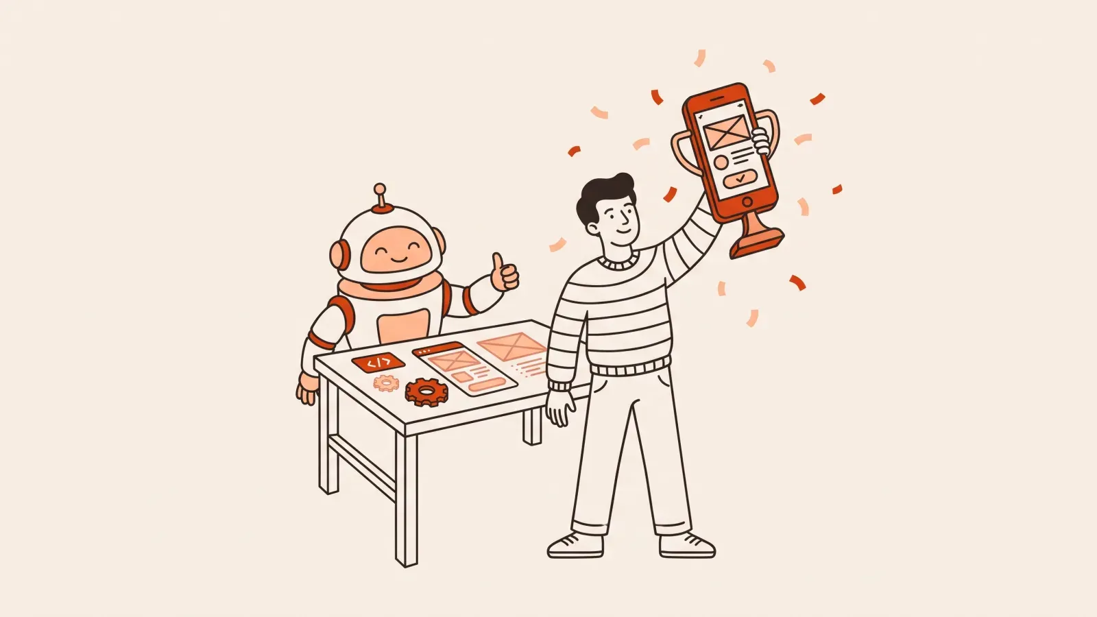 Illustration of a proud non-coder holding up a finished smartphone app while a robot assistant gives a thumbs up