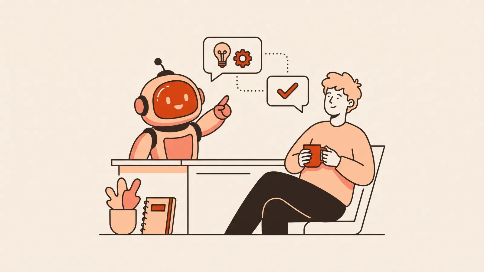 Illustration of a friendly terminal-window robot on a desk chatting with a relaxed person using picture-only speech bubbles