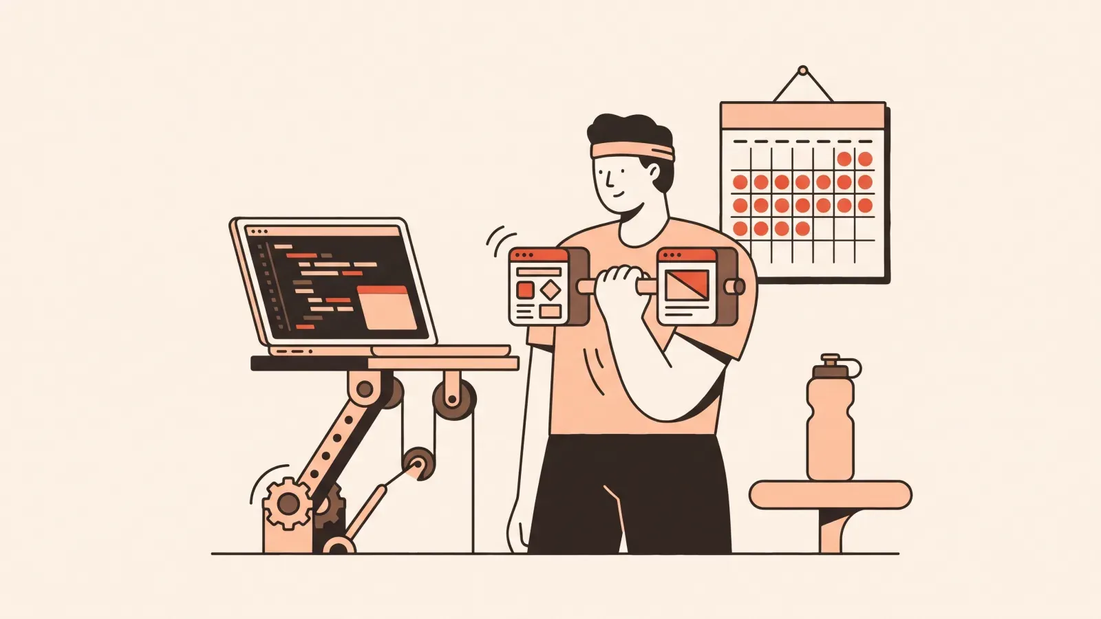 Illustration of a person lifting a small dumbbell made of app blocks in front of a laptop, with a streak calendar on the wall