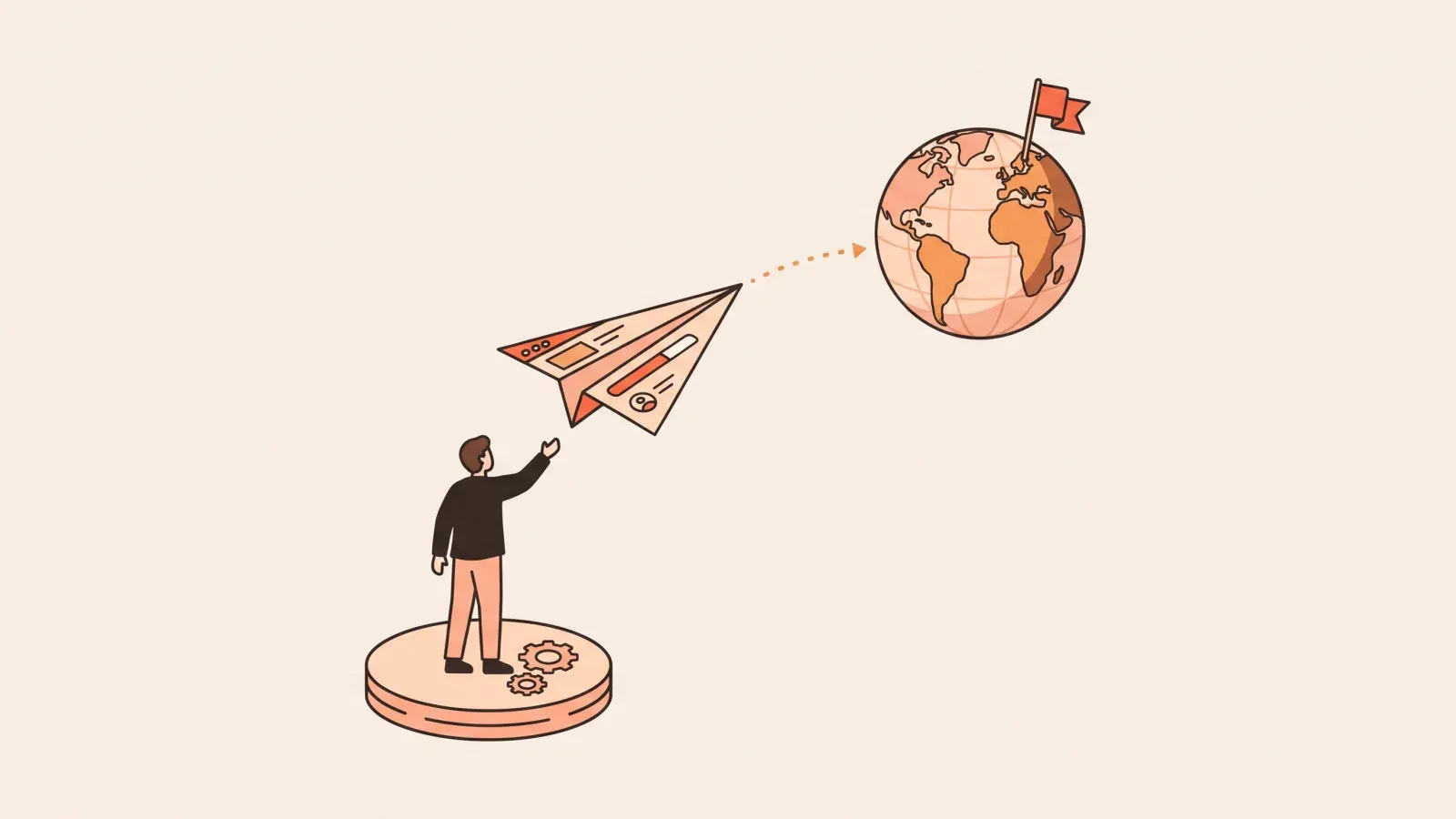 Illustration of a person launching a paper plane folded from an app window toward a globe with a flag pinned on it