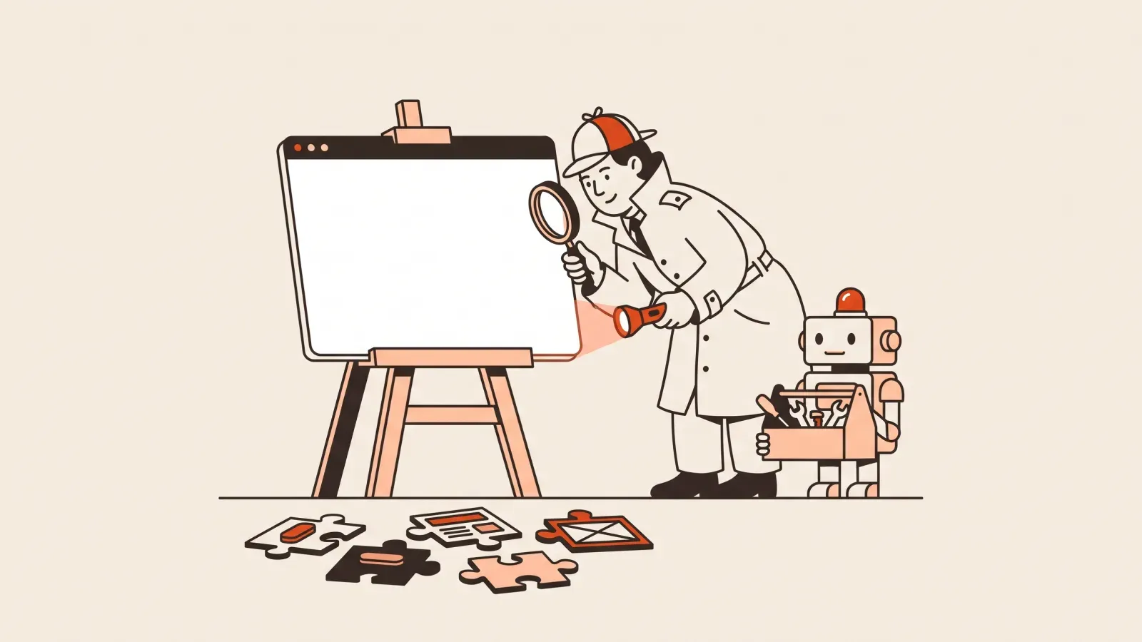 Illustration of a person with a magnifying glass inspecting a blank browser window while a robot assistant holds a toolbox