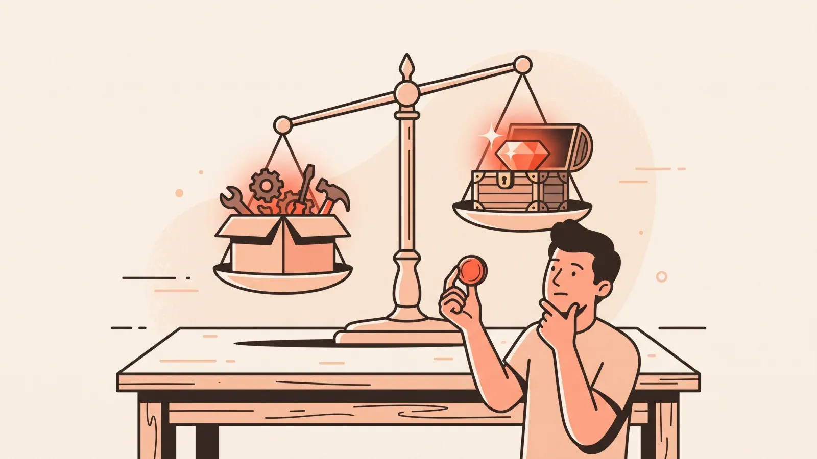 Illustration of a person weighing an open box of tools against a treasure chest with a gem on a balance scale