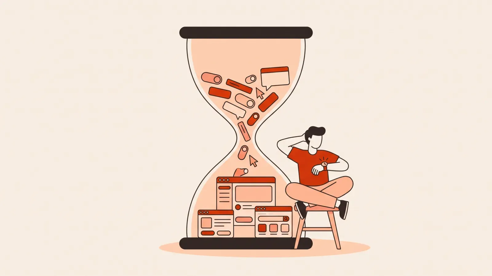 Illustration of an hourglass where app blocks fall like sand and stack into a small app while a person checks a wristwatch