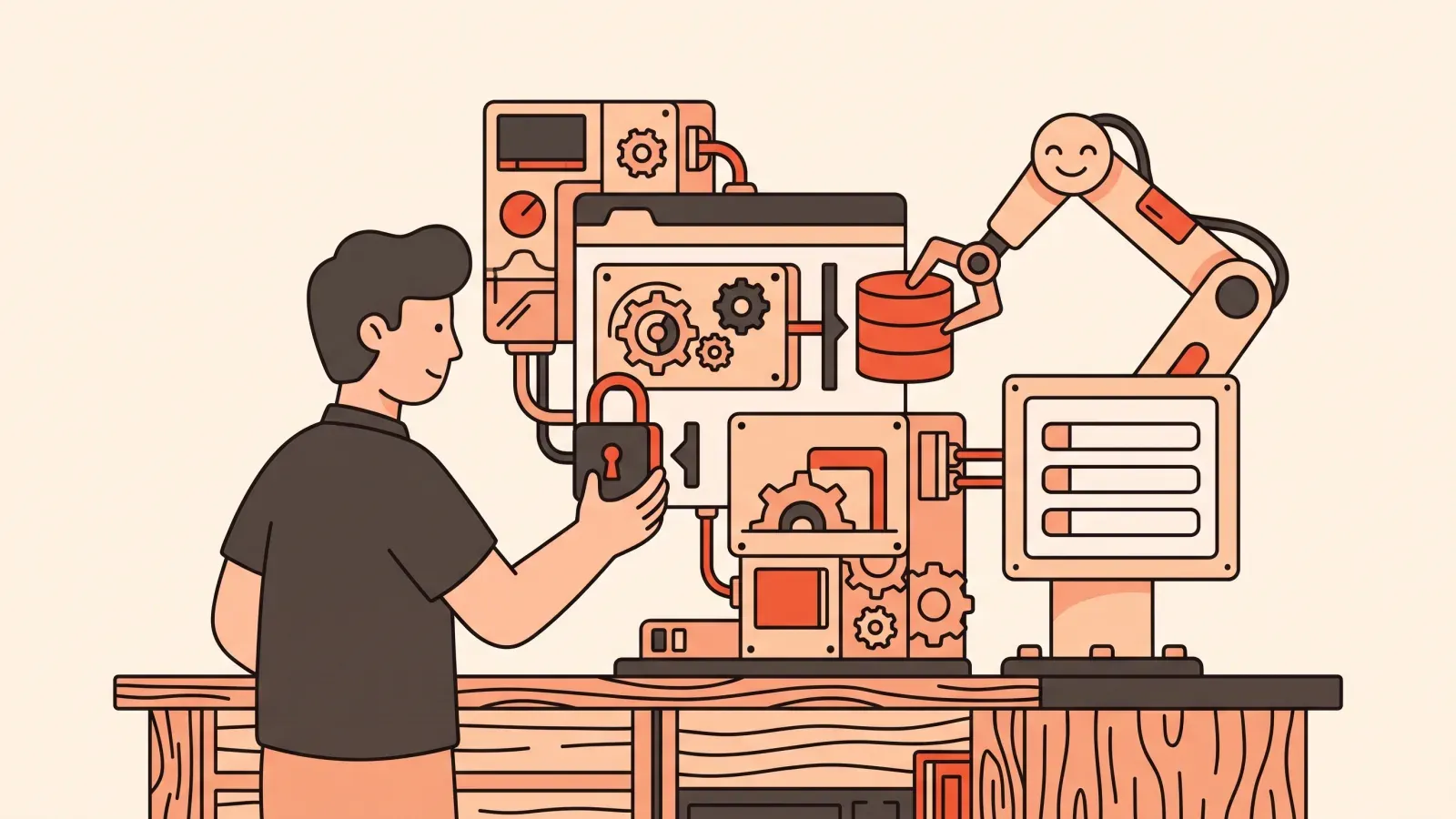 Illustration of a person and a robot arm assembling a web app from a database cylinder, a padlock and a form panel