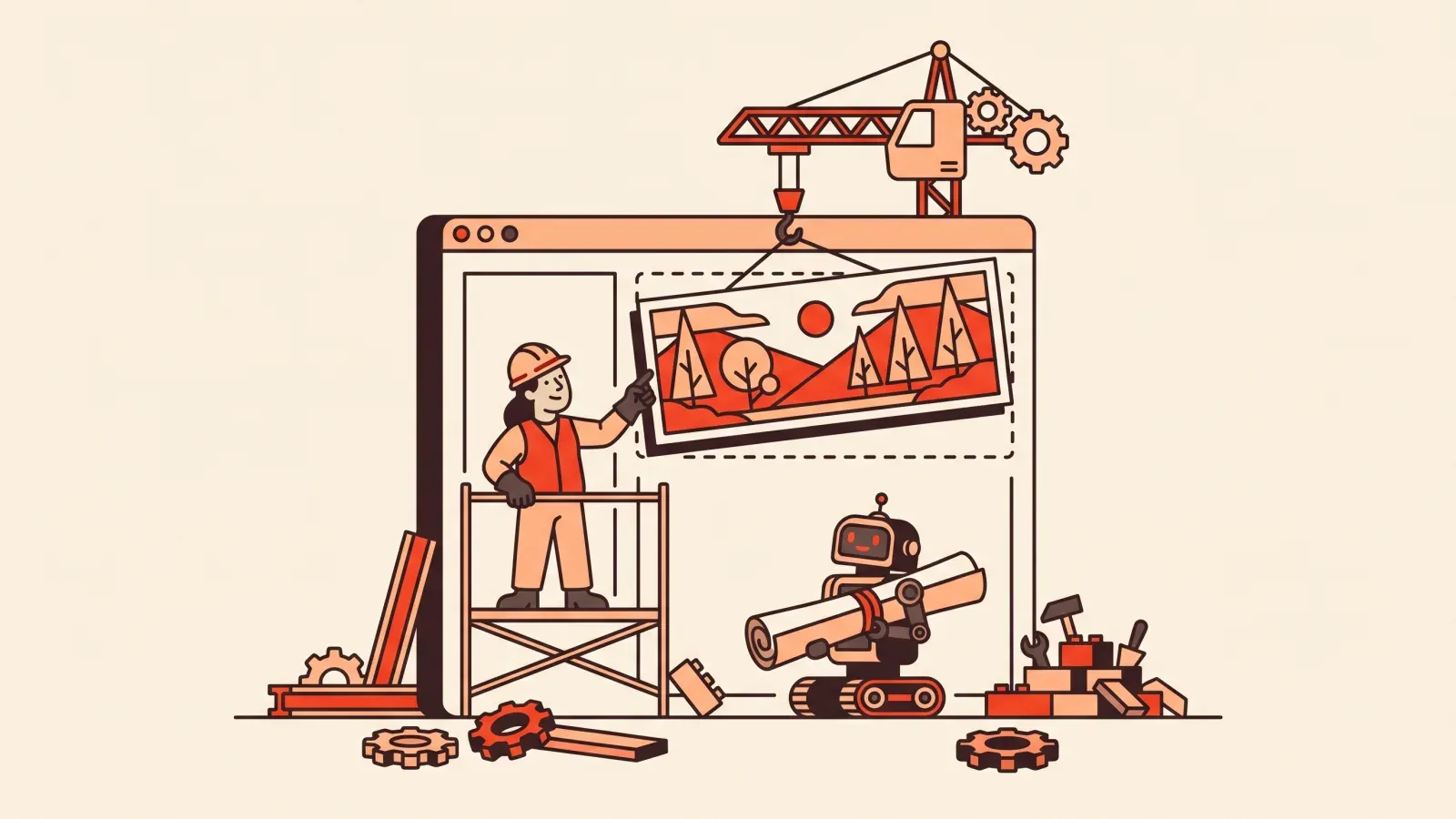 Illustration of a crane lifting webpage sections into a large browser frame while a person in a hard hat directs the build