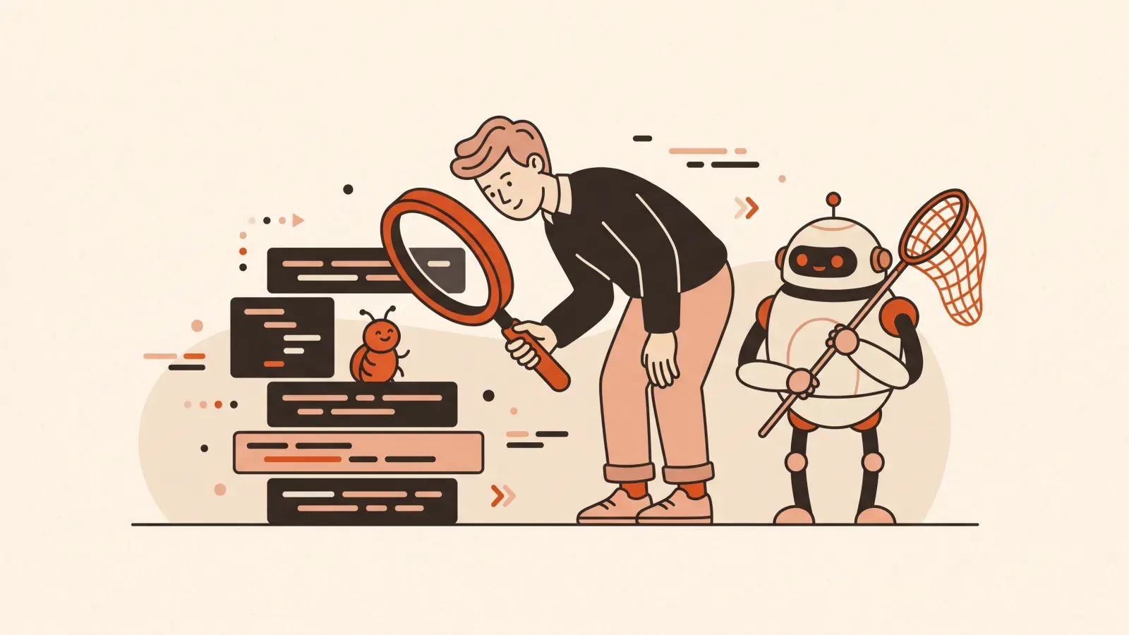 Illustration of a person with a magnifying glass spotting a small bug between code blocks while a robot holds a butterfly net
