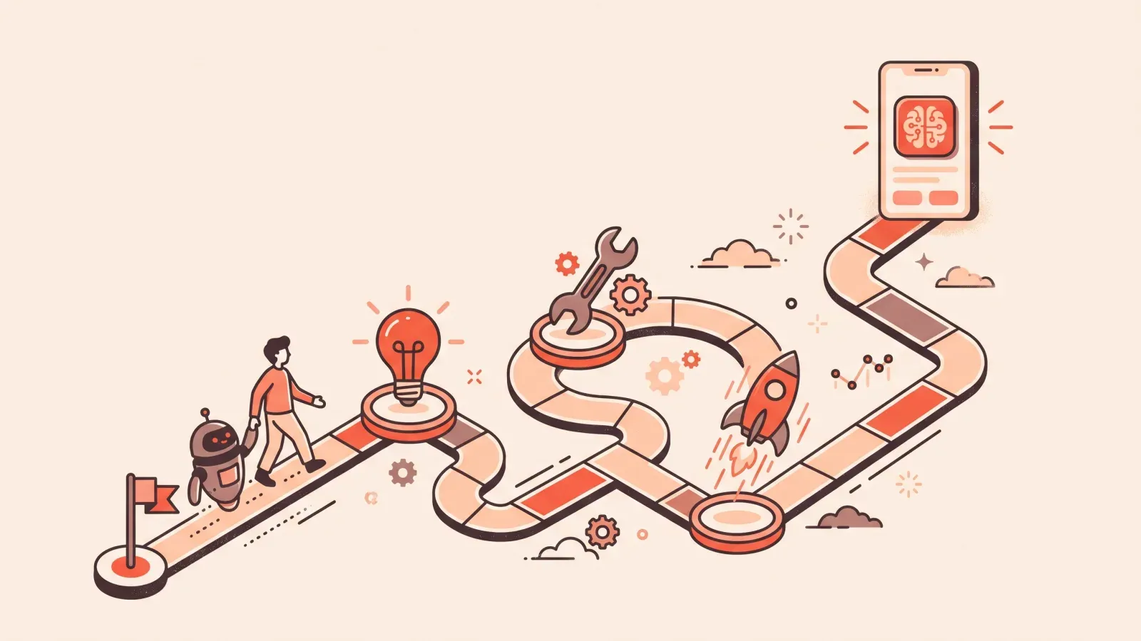 Illustration of a person and a robot companion walking a board-game-style roadmap toward a glowing finished app
