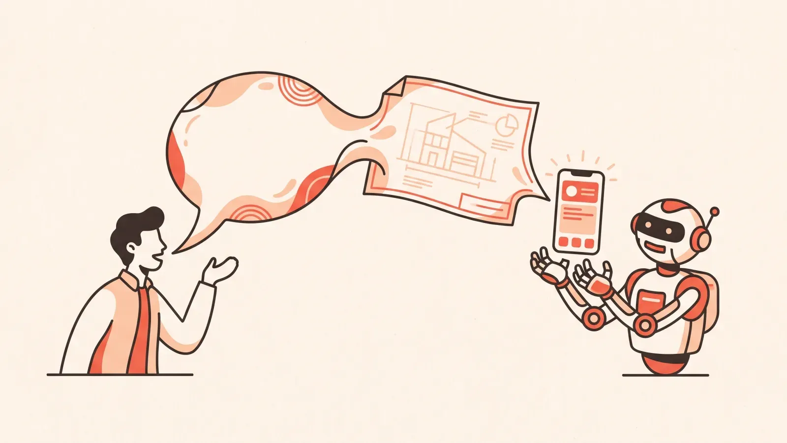 Illustration of a speech bubble transforming into a blueprint and then into a finished app screen caught by a robot