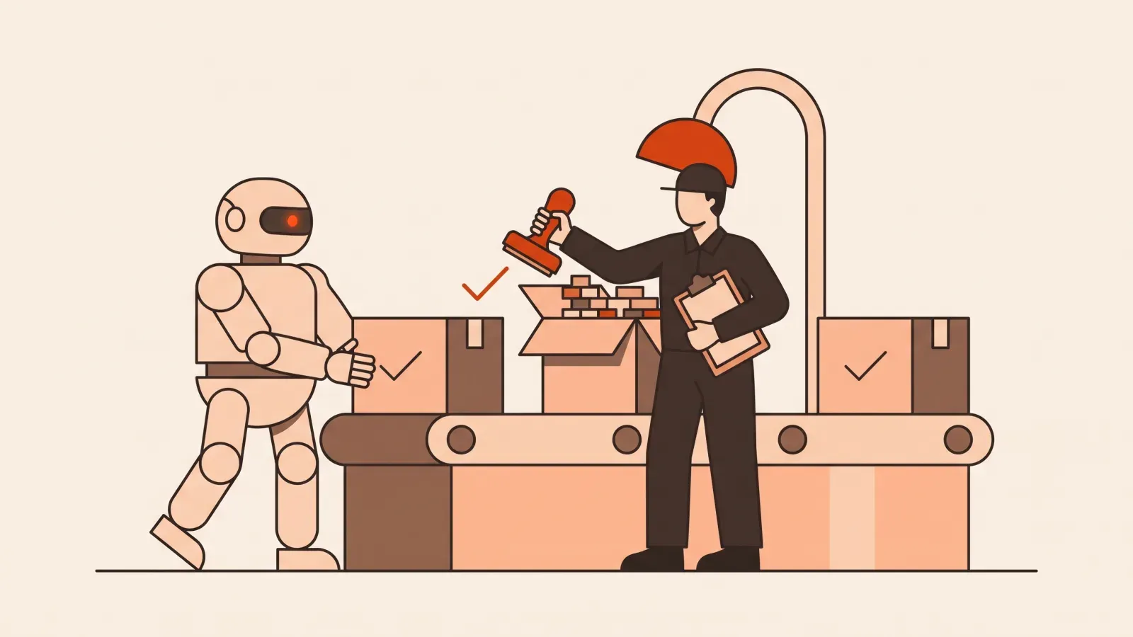 Illustration of a person with a clipboard inspecting crates of code blocks arriving on a conveyor belt from a robot