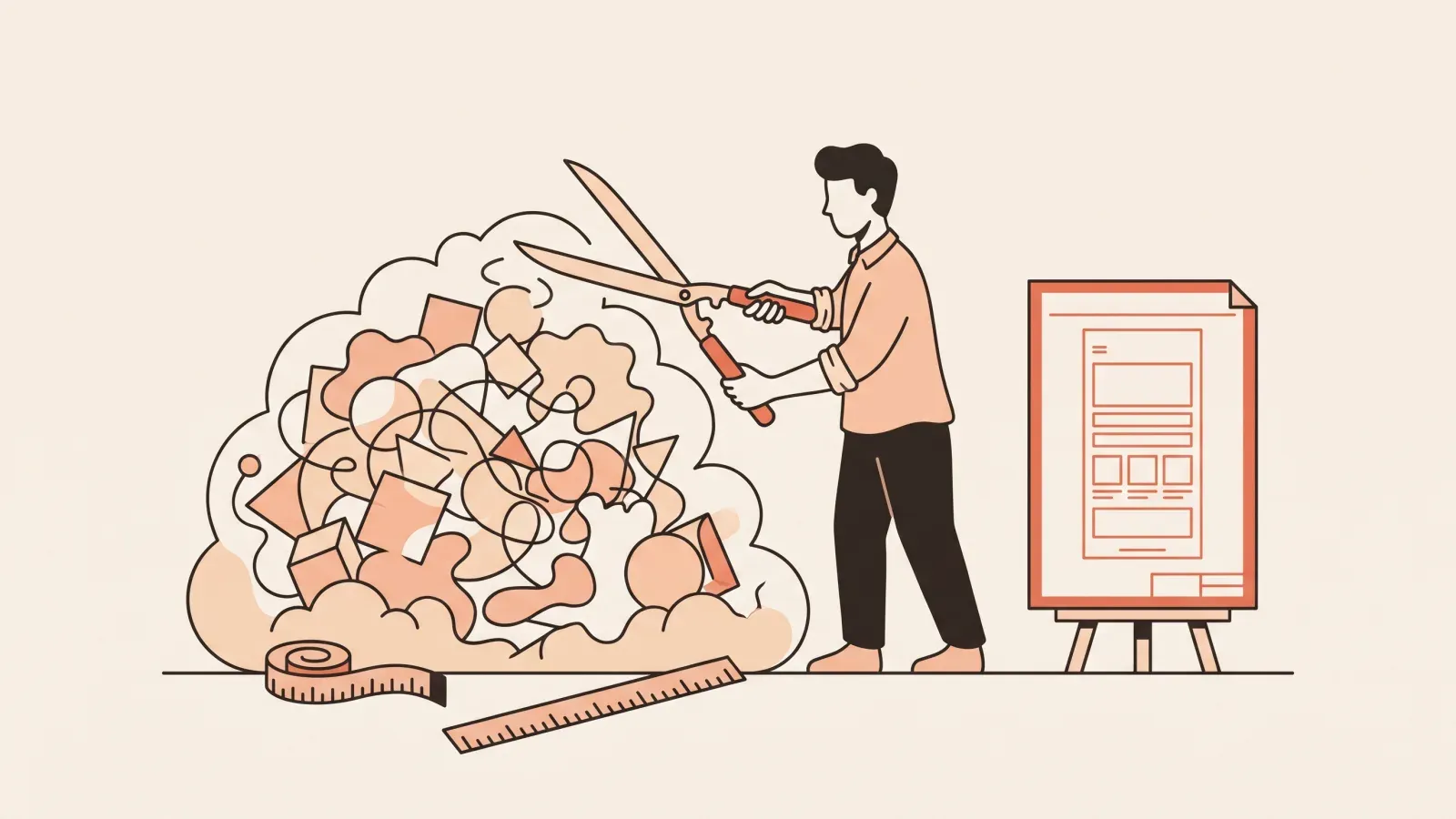 Illustration of a person trimming a huge cloud of jumbled shapes with shears next to a small neat app blueprint