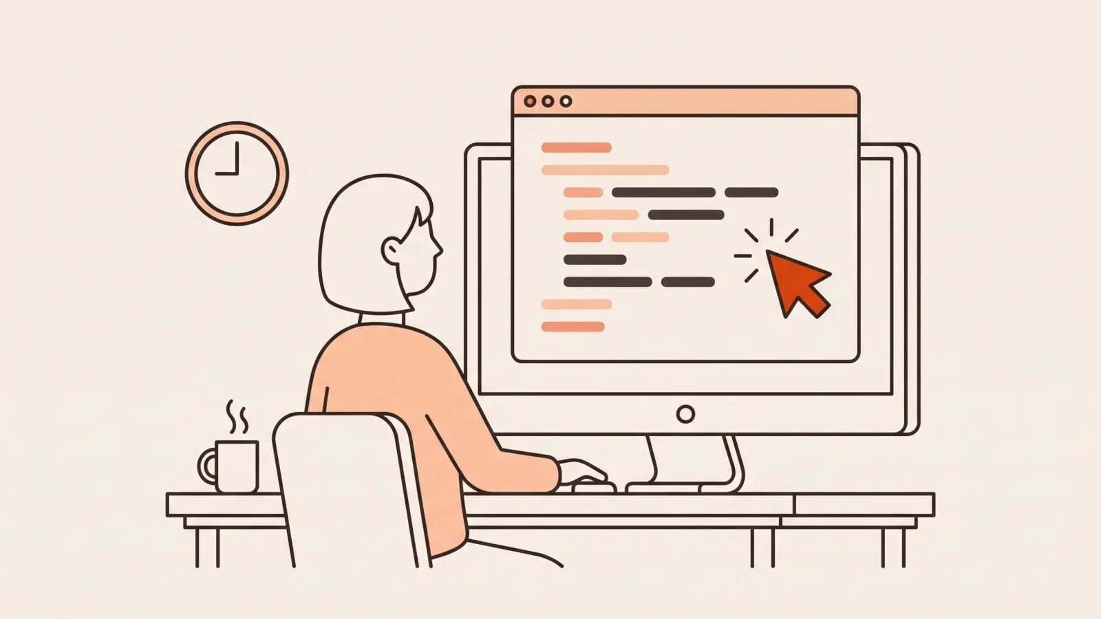 Illustration of a beginner at a desk with a large code-editor window and a glowing cursor arrow floating beside the code