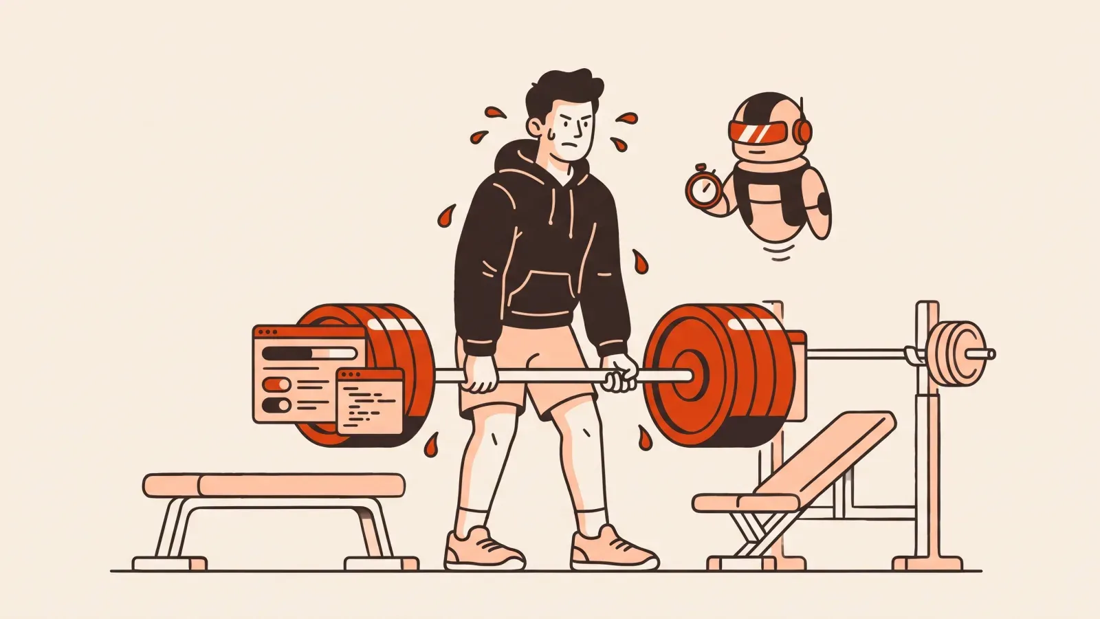 Illustration of a person lifting a barbell with app windows as weight plates while a robot coach hovers with a stopwatch