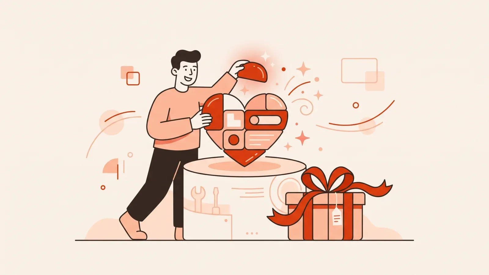 Illustration of a person snapping the last piece into a heart-shaped app next to a ribbon-tied gift box ready to ship