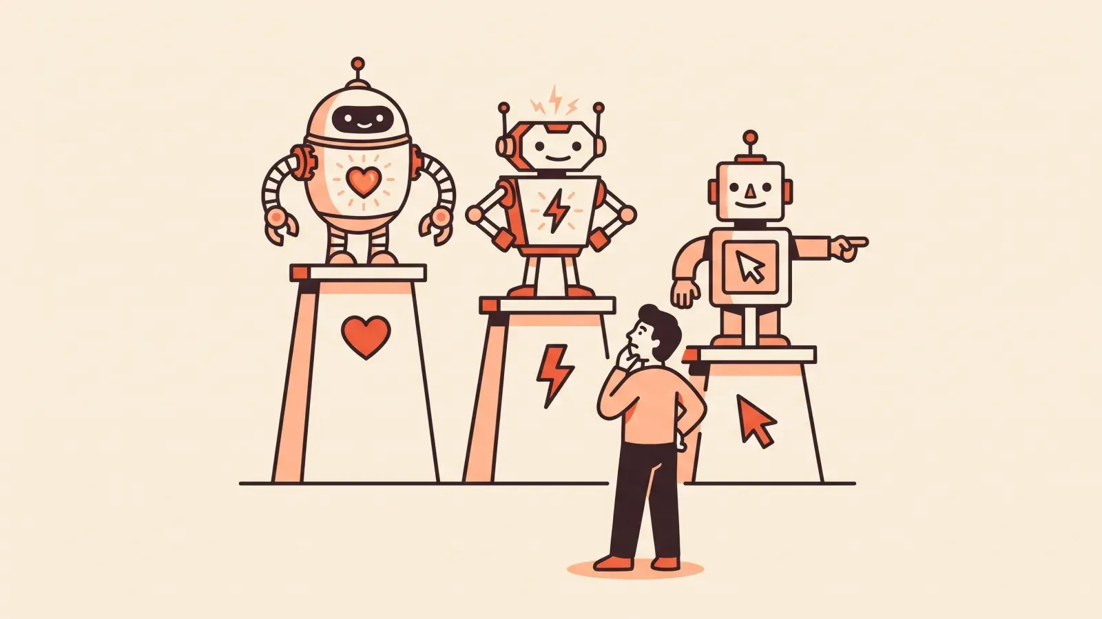 Illustration of a person choosing between three robot characters on podiums marked with a heart, a lightning bolt and a cursor arrow