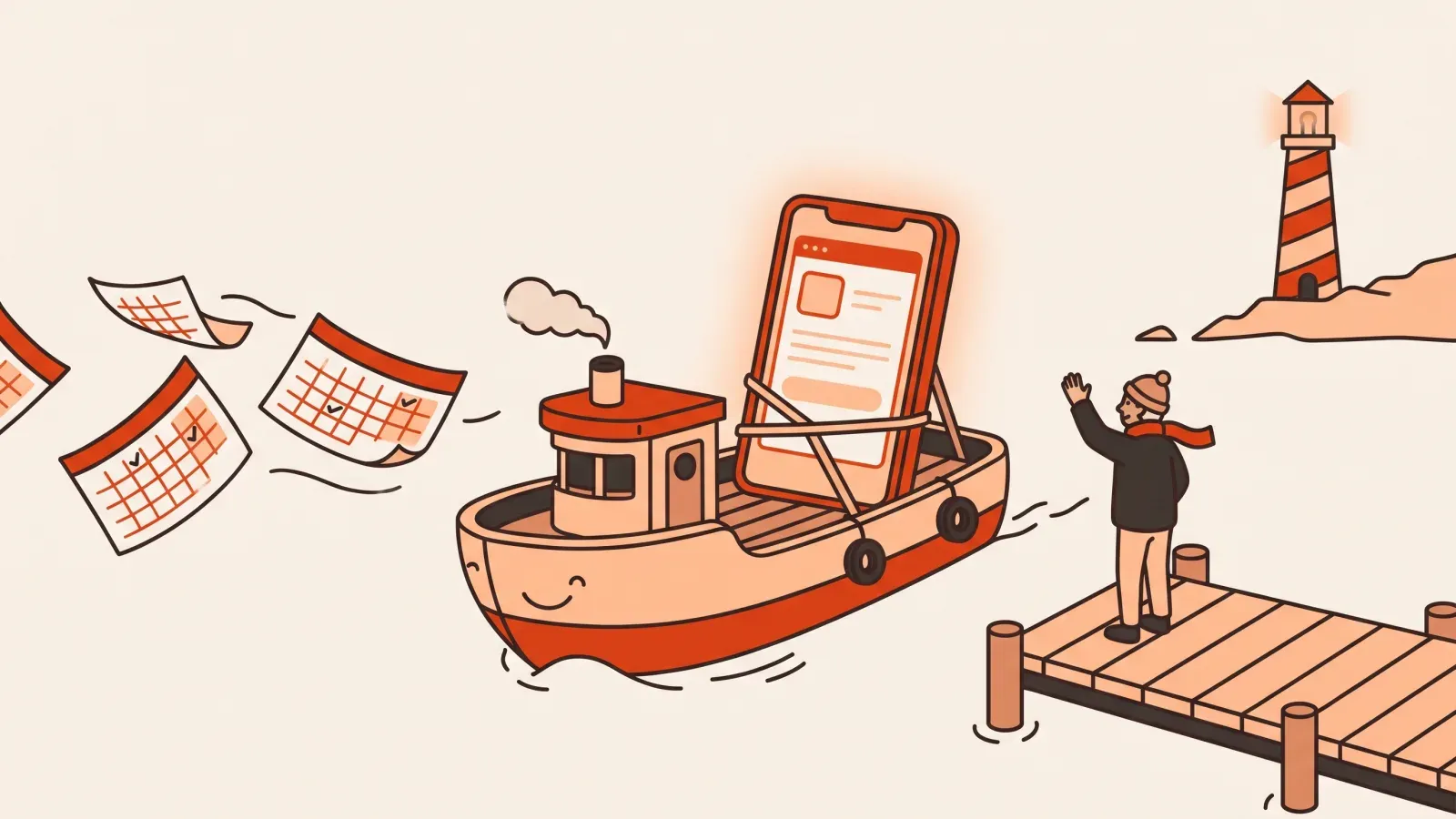 Illustration of a small boat carrying a glowing app screen away from a dock as calendar pages flutter in the air