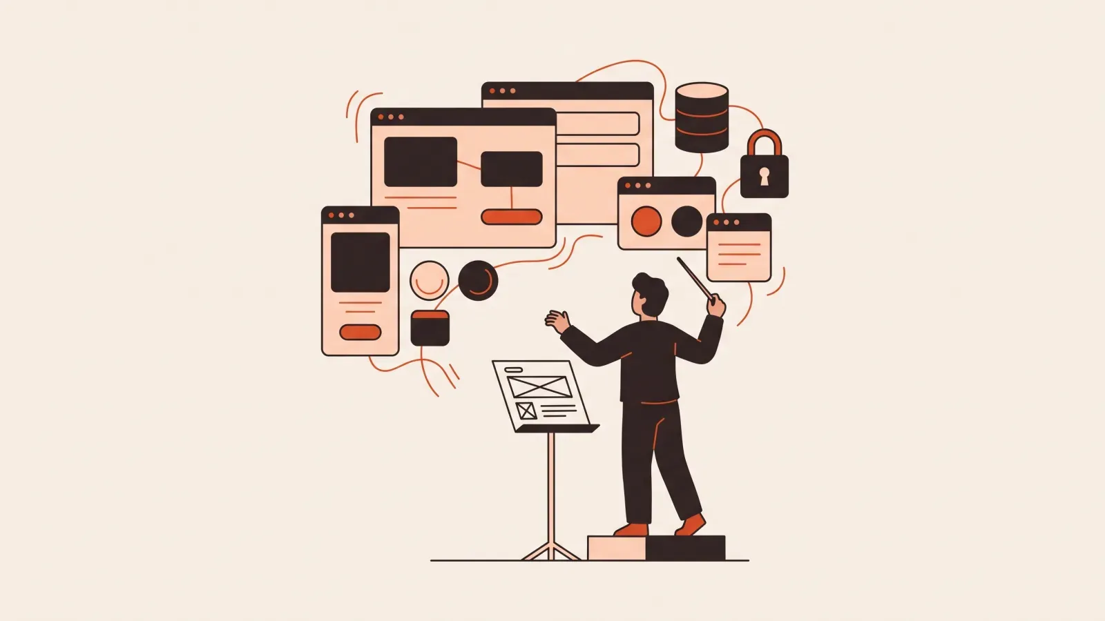 Illustration of a person conducting floating app parts like an orchestra so they assemble into a neat application