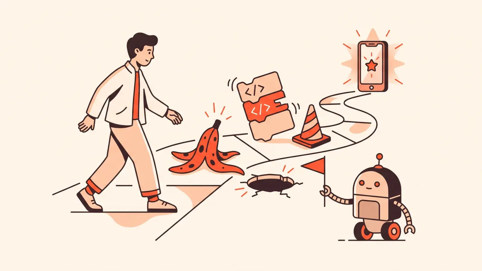 Illustration of a person stepping around a banana peel and warning cones on the path to a finished app, guided by a robot