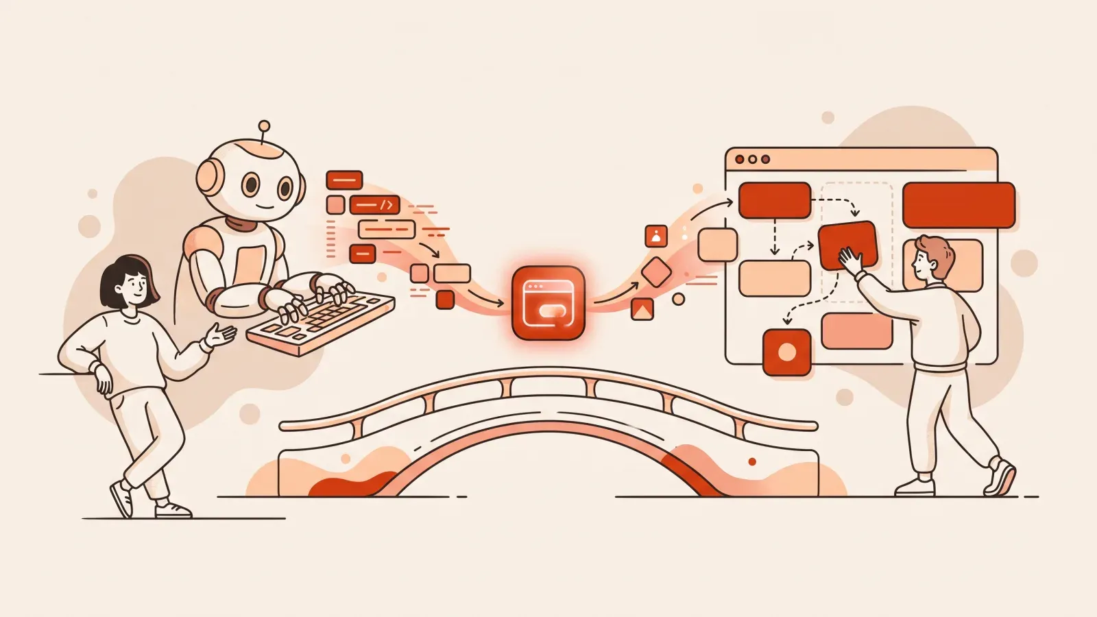 Illustration of two builders, one talking to a code-writing robot and one dragging blocks onto a canvas, meeting on a bridge with the same app