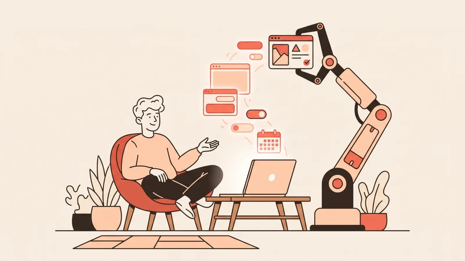 Flat illustration of a person directing an AI: app interface blocks float out of a laptop while a robotic arm assembles them into a finished app